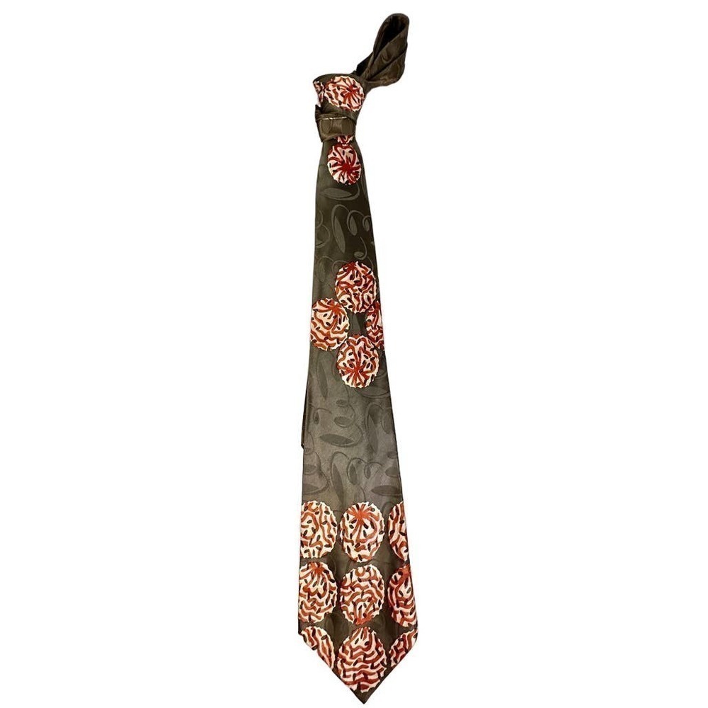 40s-50s Swing VTG Necktie Neck Tie Bronze Rayon Satin/Red Balls Spheres Atomic